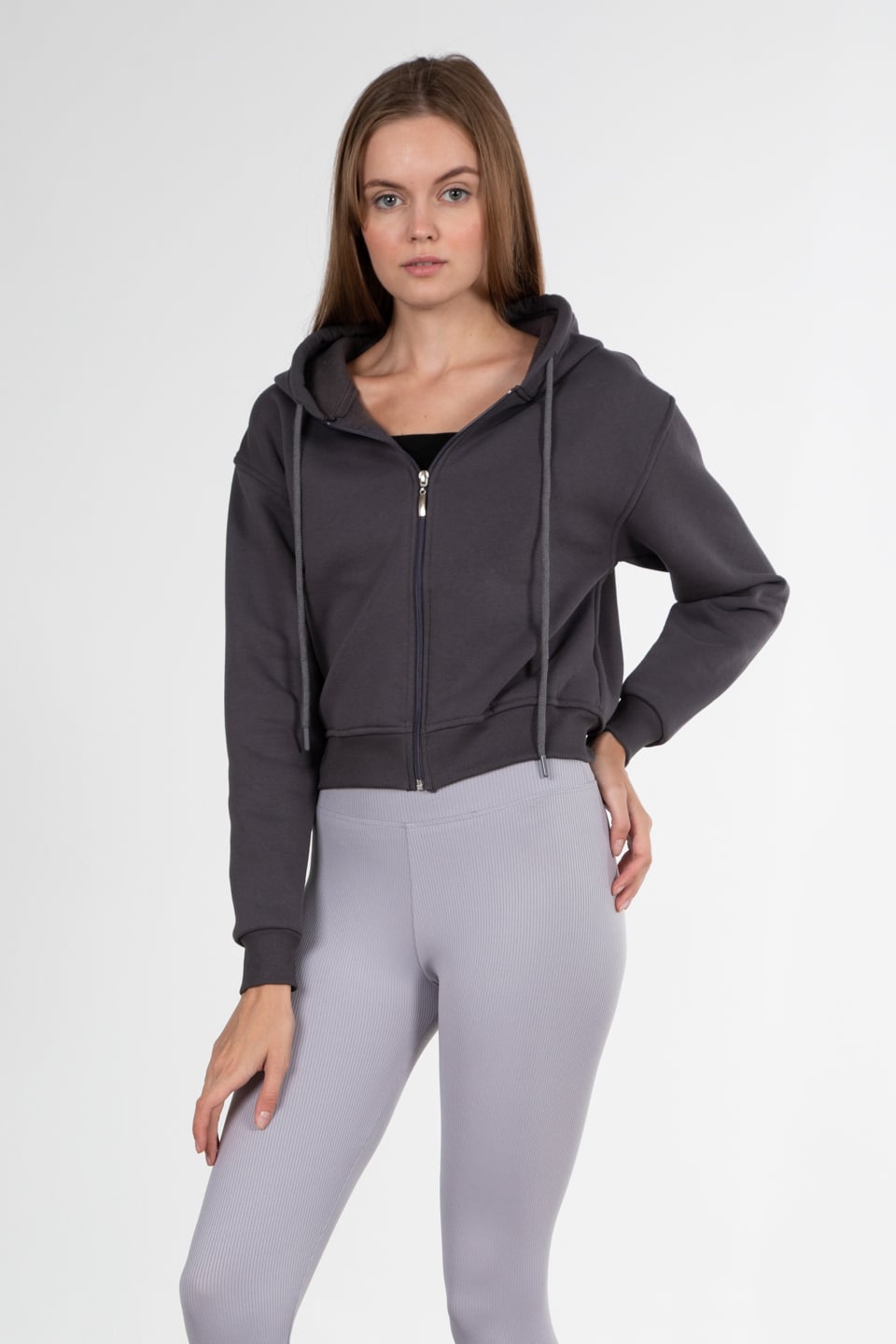 Kapüşonlu fermuarlı sweatshirt-80052 Antrasit