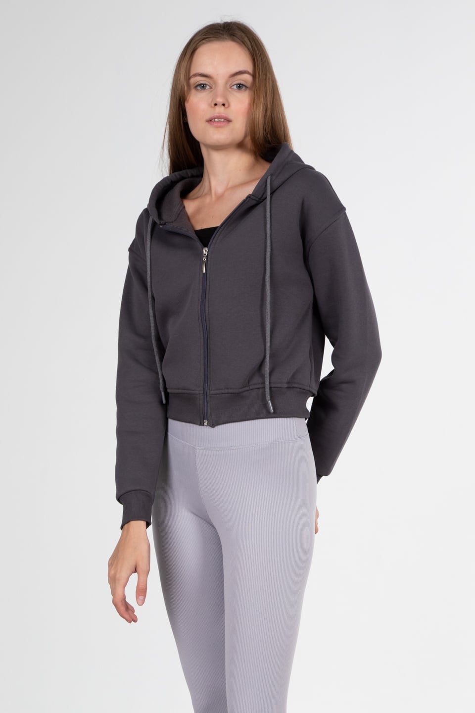 Kapüşonlu fermuarlı sweatshirt-80052 Antrasit