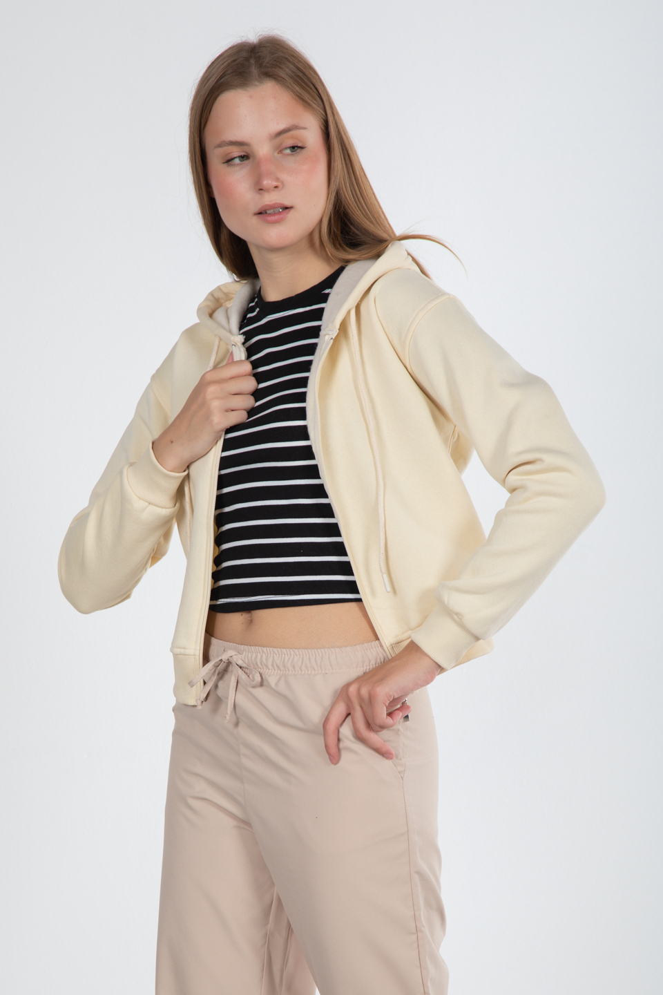Kapüşonlu fermuarlı sweatshirt-80052 Krem