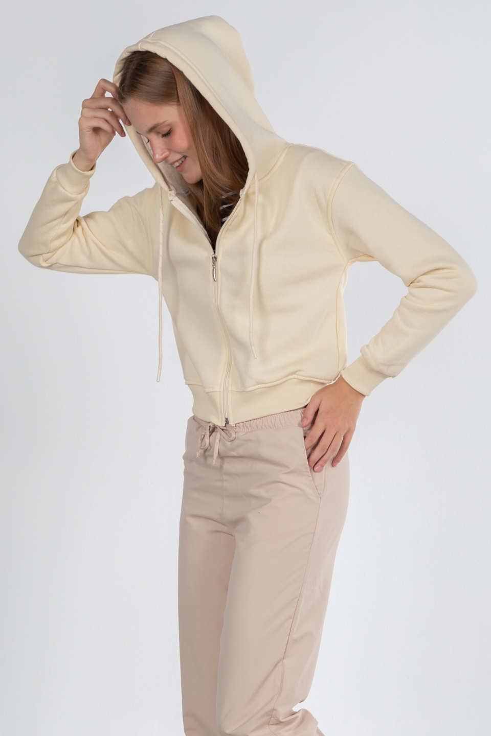 Kapüşonlu fermuarlı sweatshirt-80052 Krem
