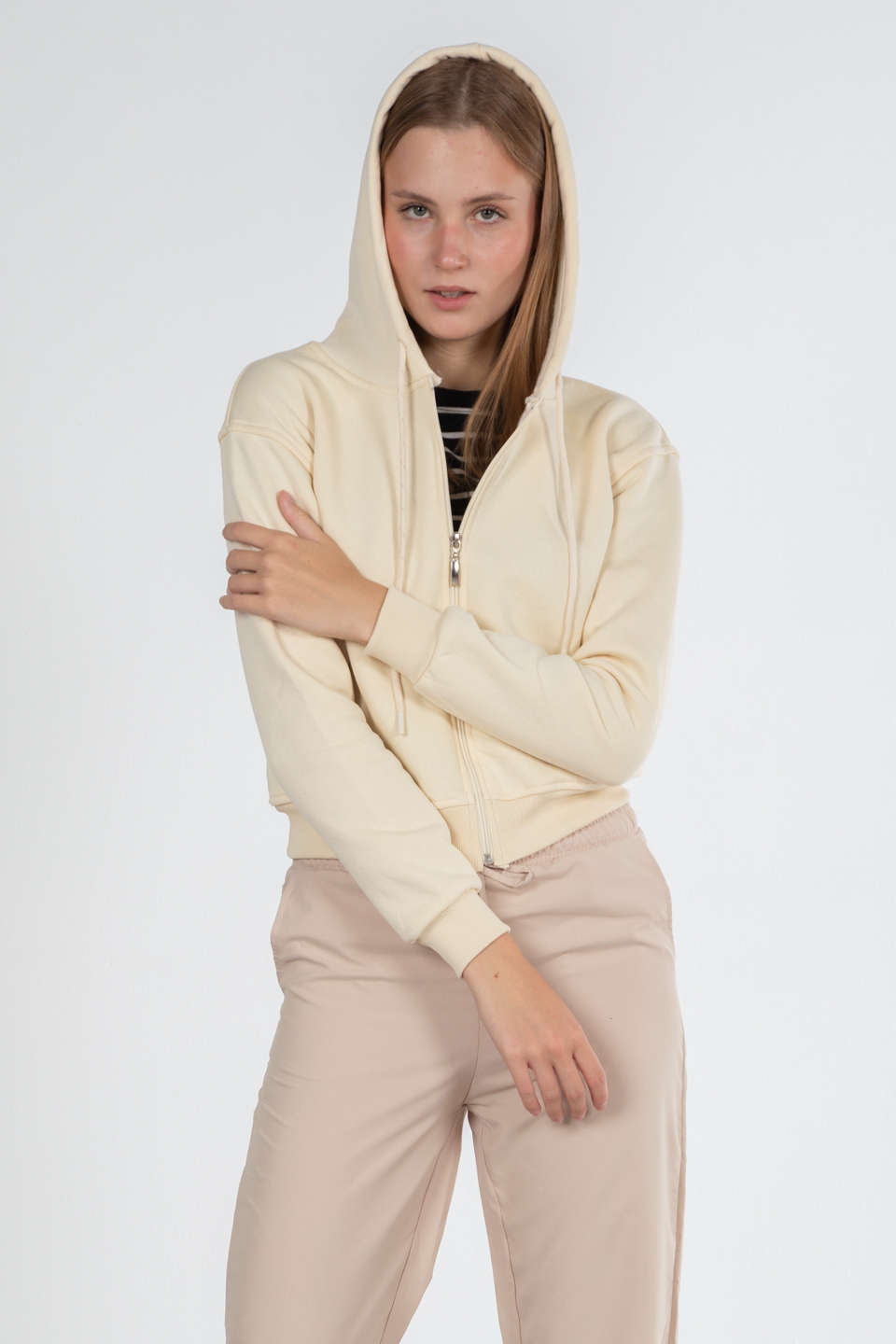 Kapüşonlu fermuarlı sweatshirt-80052 Krem