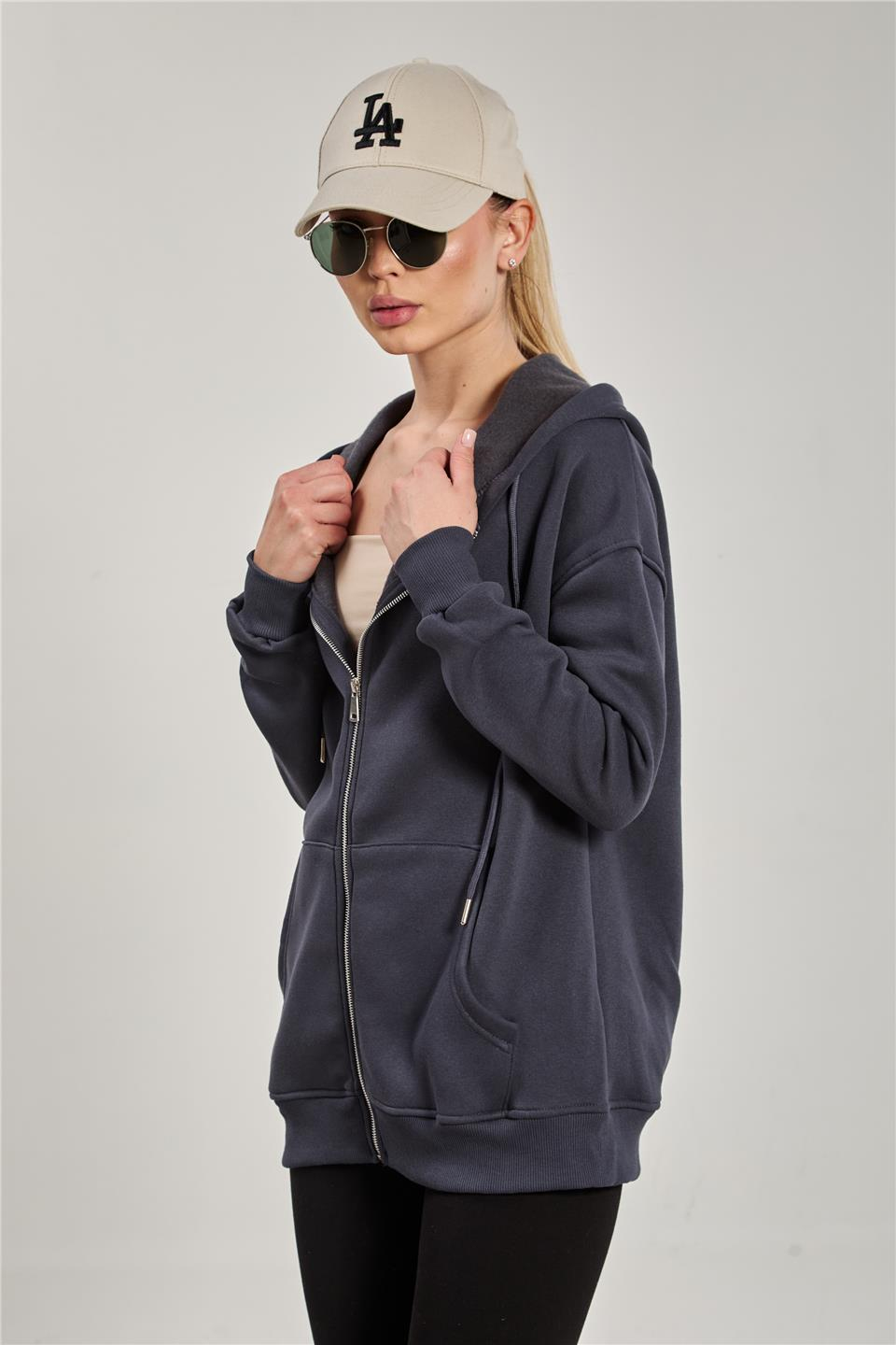 Kapüşonlu Fermuarlı Sweatshirt - Antrasit