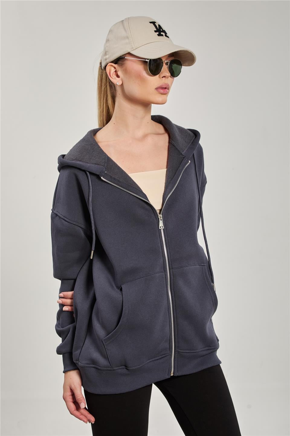 Kapüşonlu Fermuarlı Sweatshirt - Antrasit