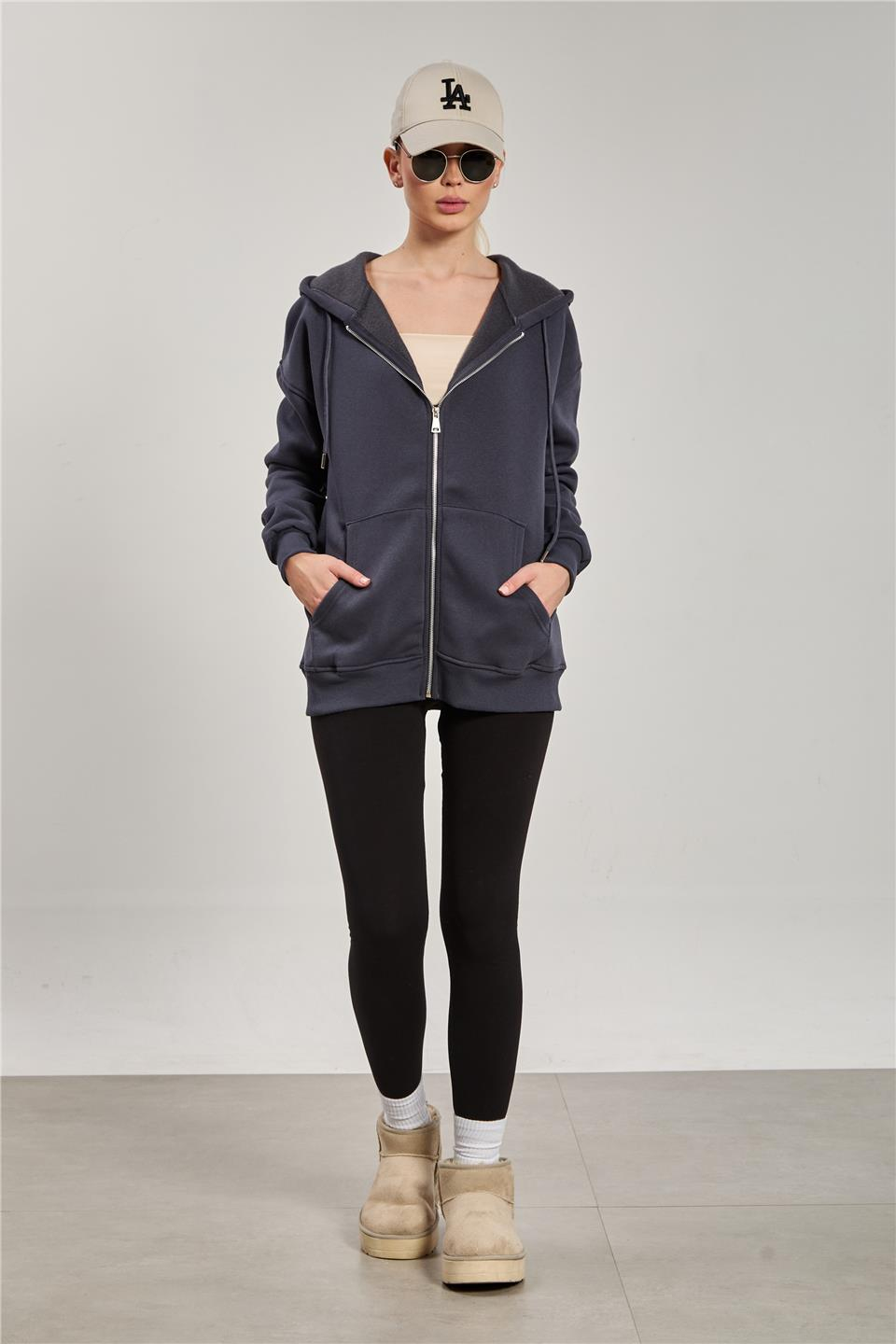 Kapüşonlu Fermuarlı Sweatshirt - Antrasit