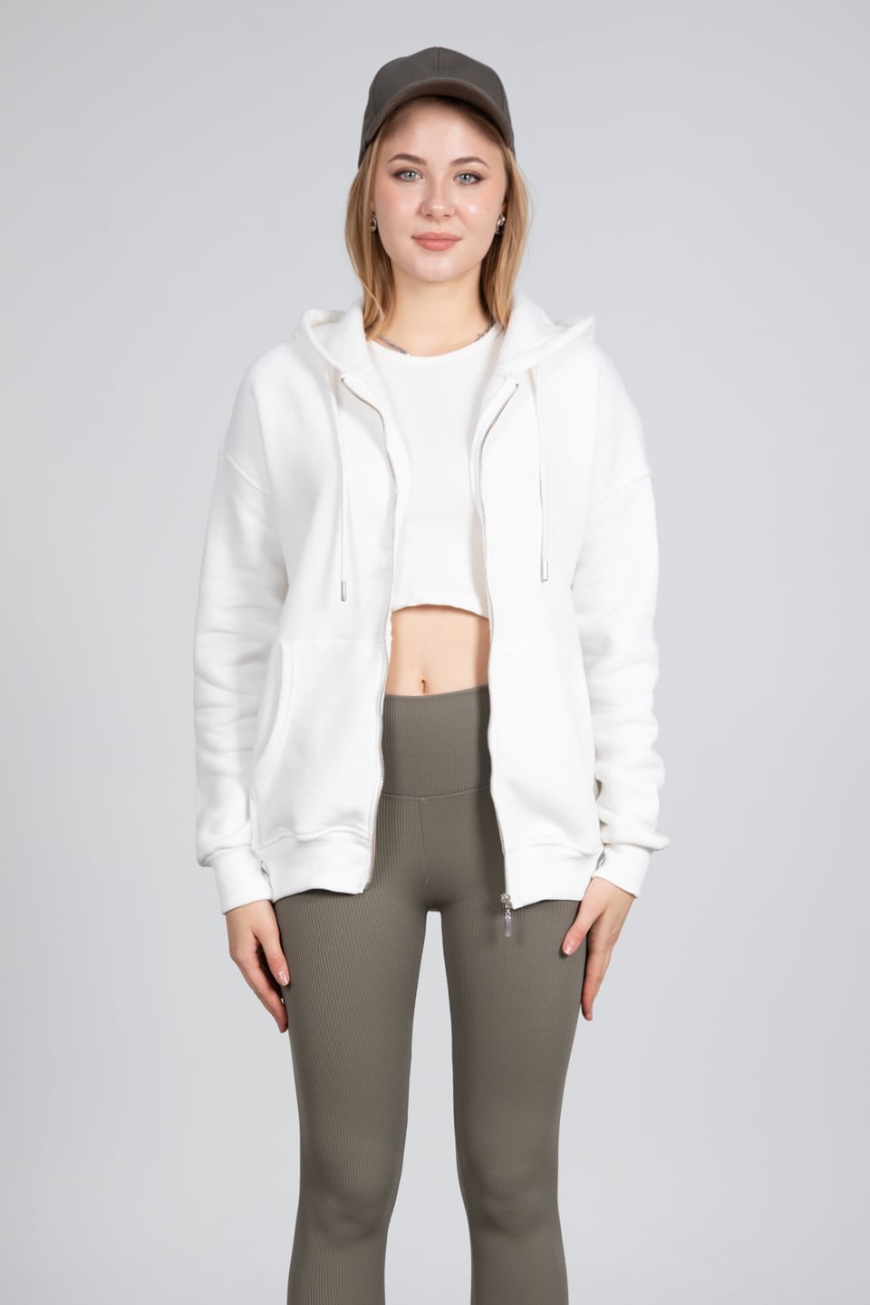 Kapüşonlu fermuarlı sweatshirt-DVN0032 Ekru
