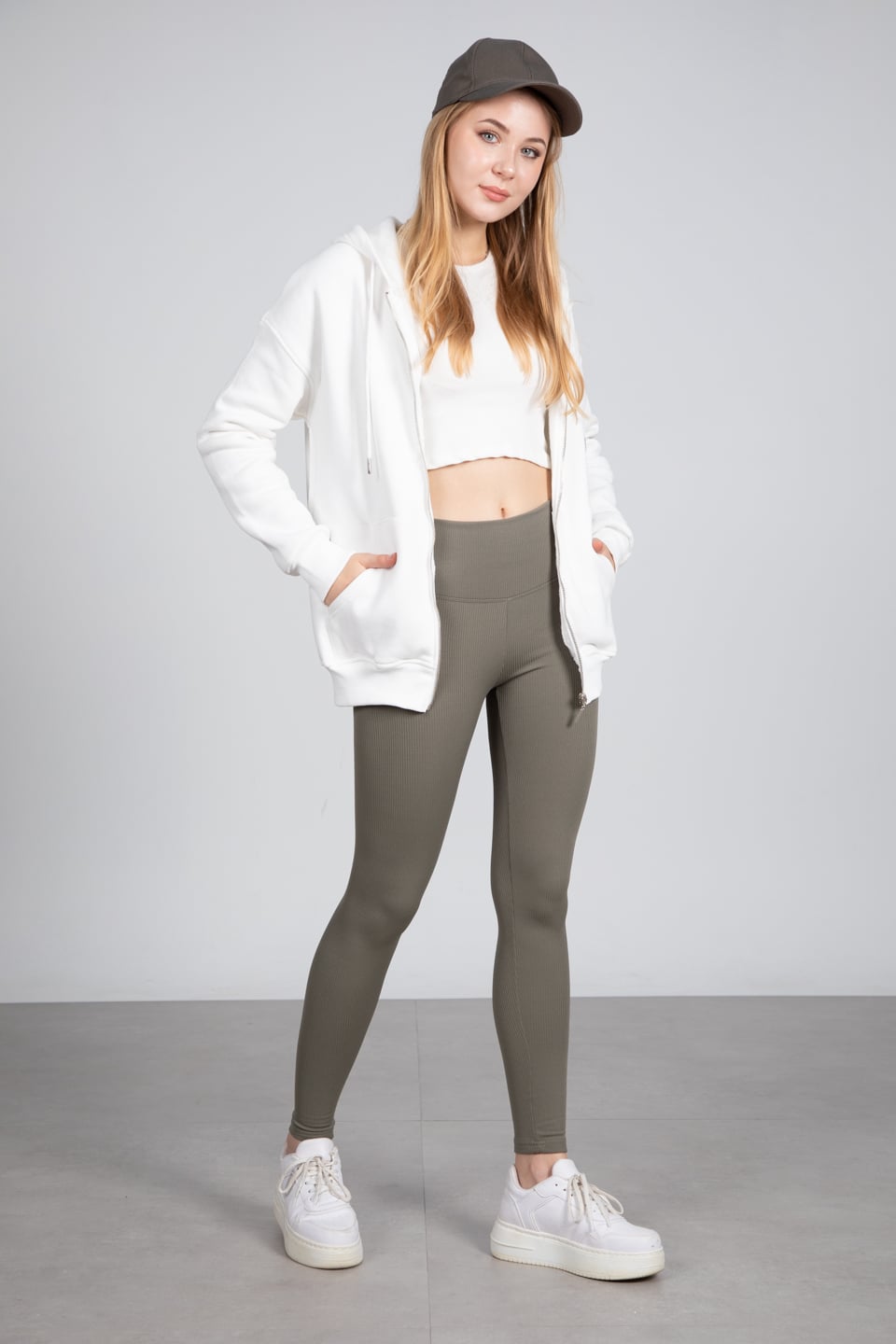Kapüşonlu fermuarlı sweatshirt-DVN0032 Ekru