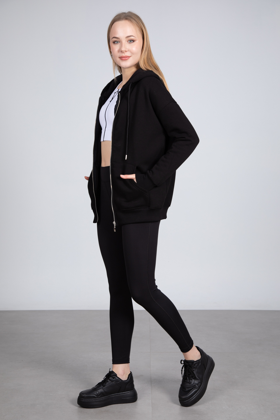 Kapüşonlu fermuarlı sweatshirt-DVN0032 Siyah