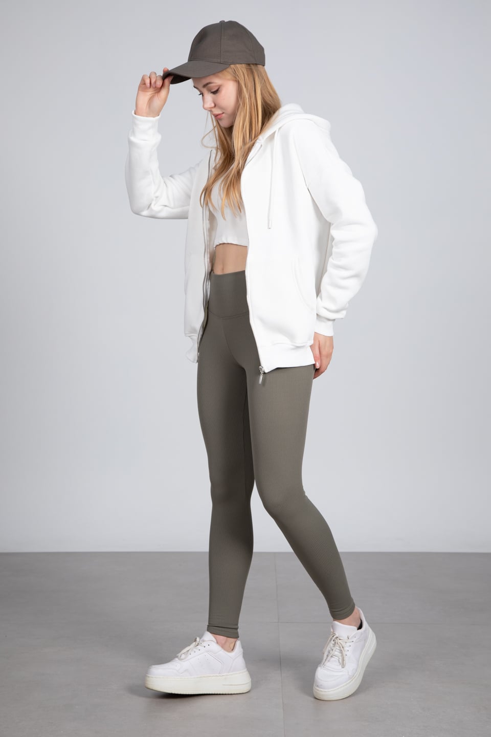 Kapüşonlu fermuarlı sweatshirt-DVN0032 Ekru