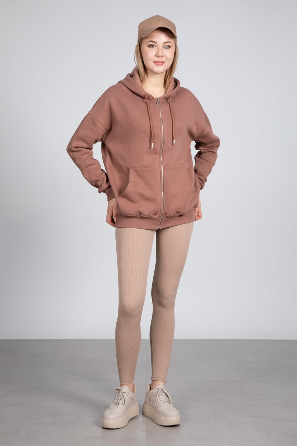 Kapüşonlu fermuarlı sweatshirt-DVN0032 Çikolata