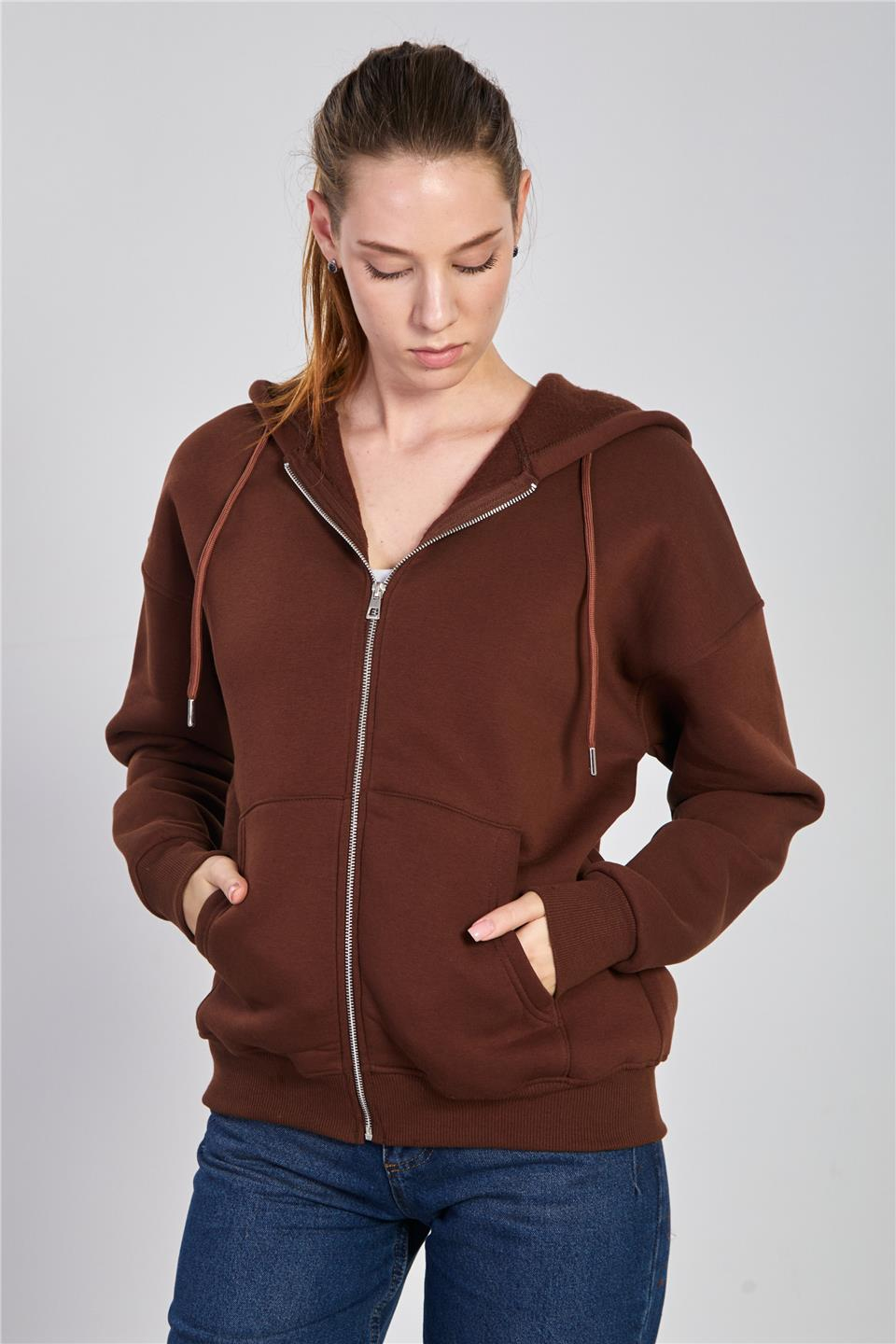 Kapüşonlu fermuarlı sweatshirt-DVN0032 Kahve