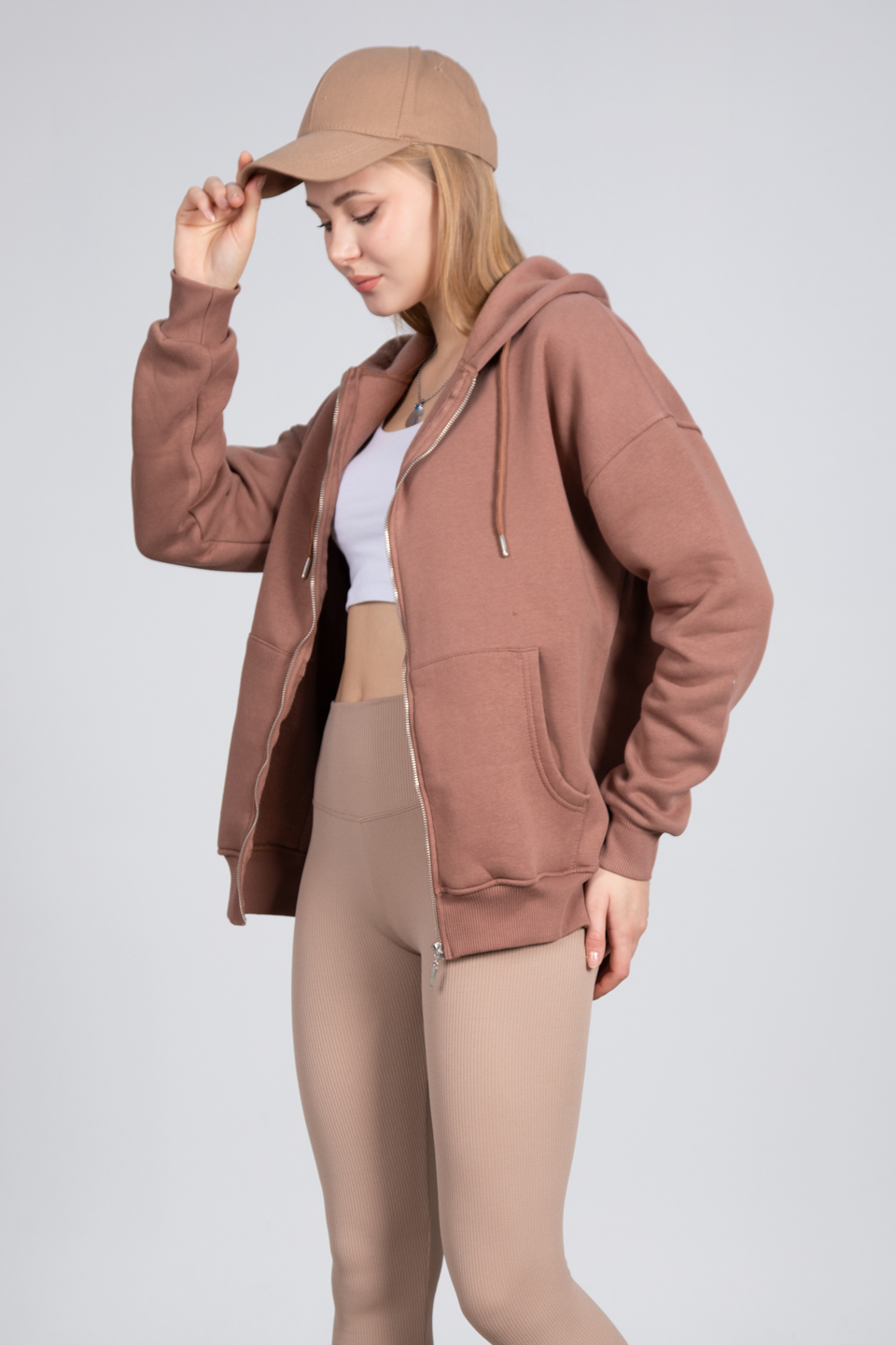 Kapüşonlu fermuarlı sweatshirt-DVN0032 Çikolata