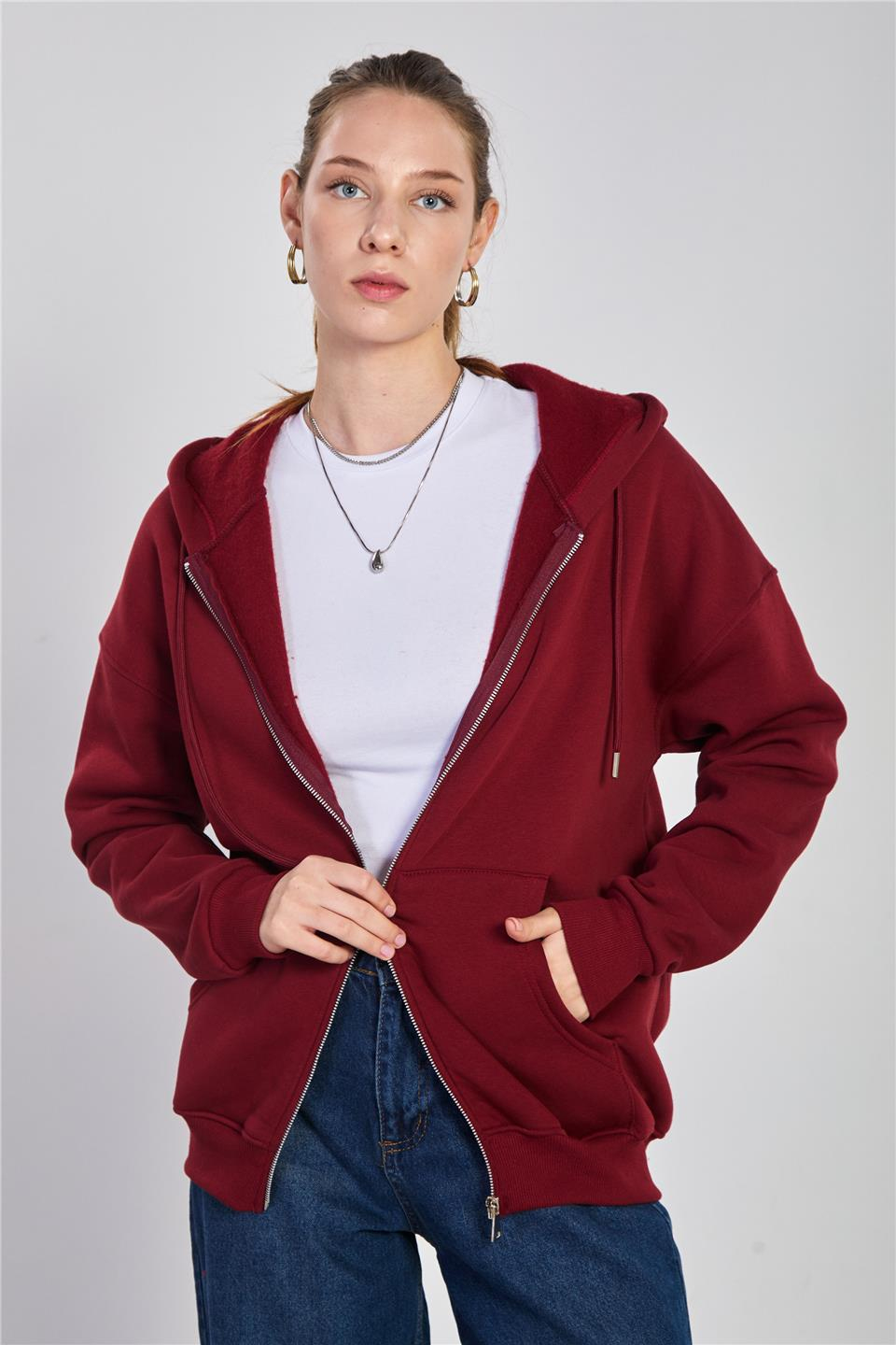 Kapüşonlu fermuarlı sweatshirt-DVN0032 Vişne