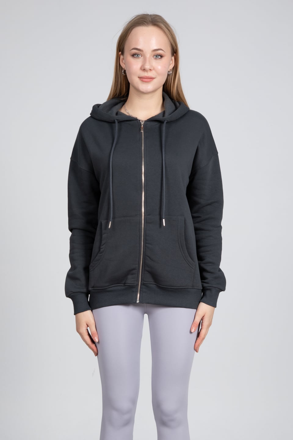 Kapüşonlu fermuarlı sweatshirt-DVN0032 B.Antrasit