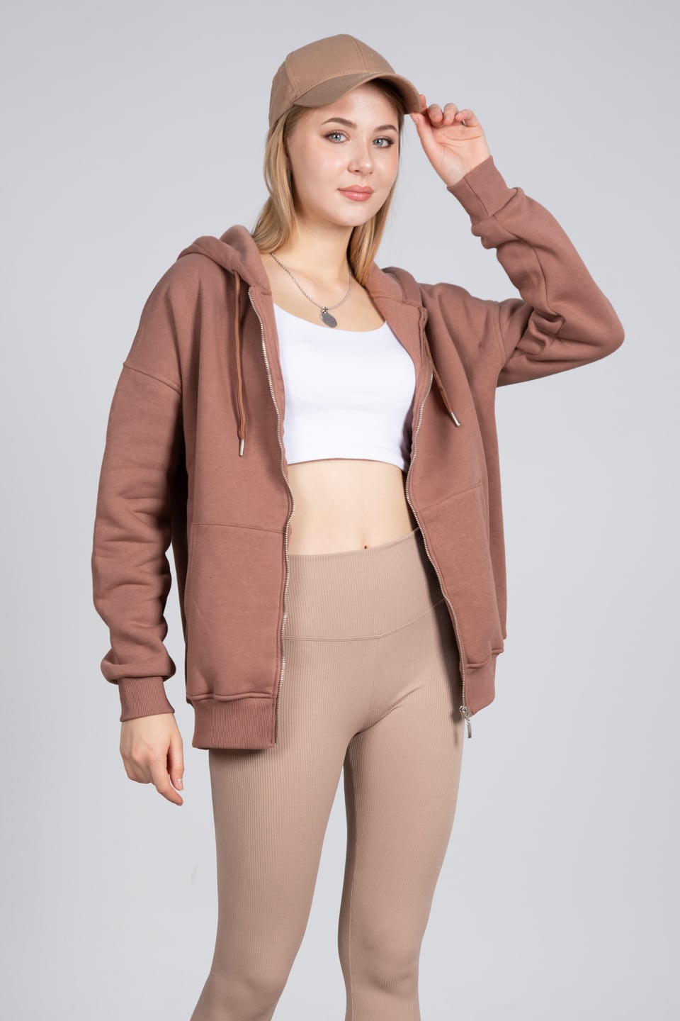 Kapüşonlu fermuarlı sweatshirt-DVN0032 Çikolata