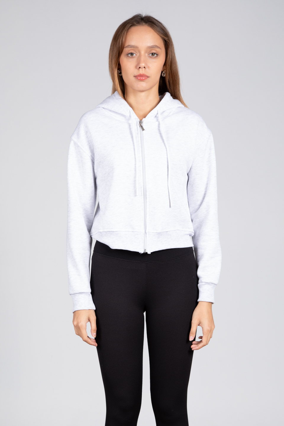 Kapüşonlu Fermuarlı Sweatshirt - Kar Melanj