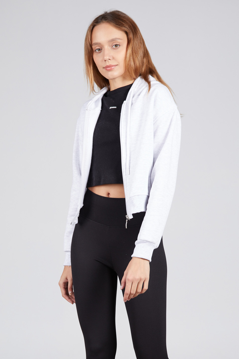 Kapüşonlu Fermuarlı Sweatshirt - Kar Melanj