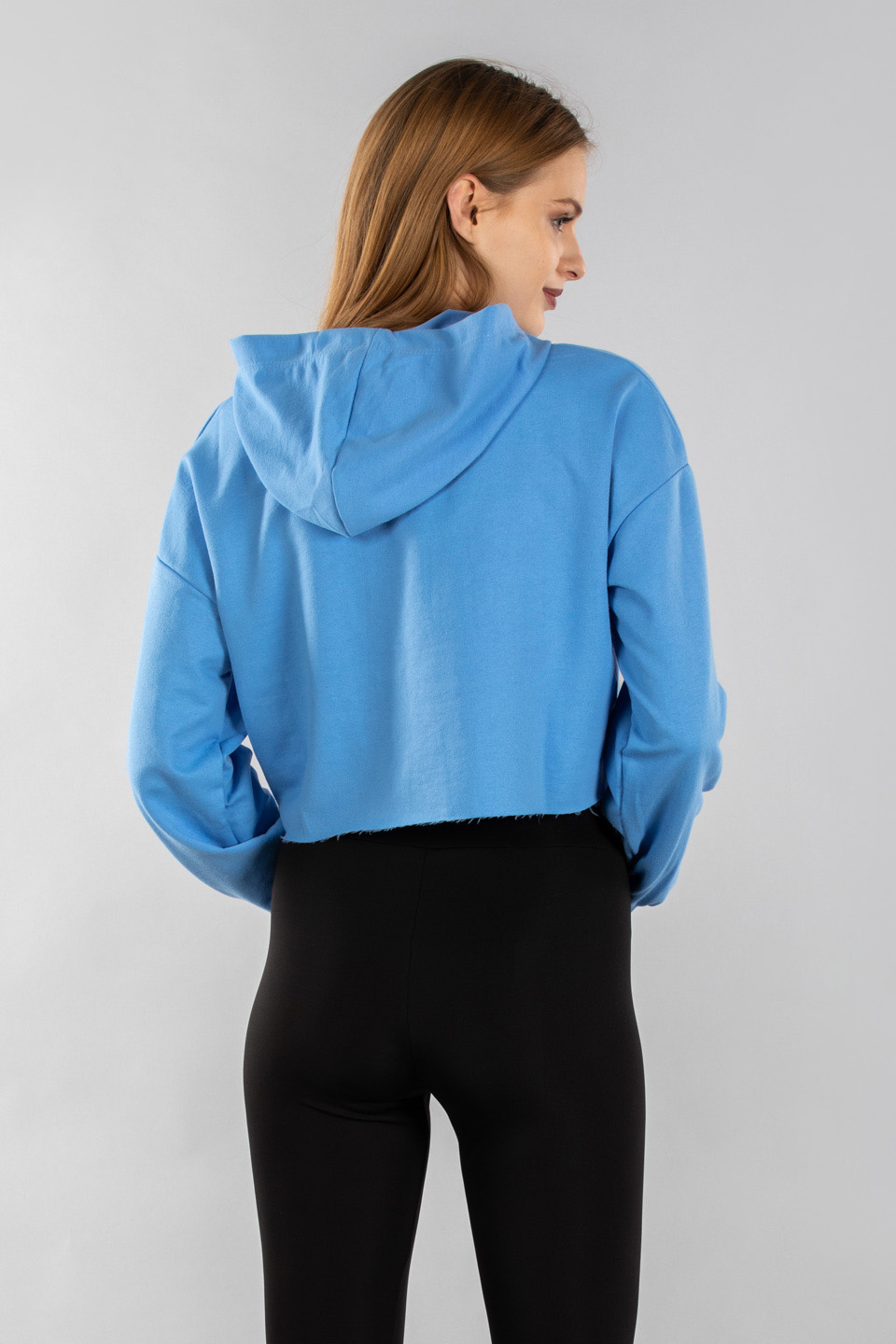 Kapüşonlu  h baskılı crop sweatshırt-9653 Mavi