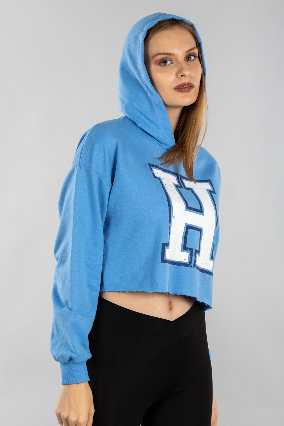 Kapüşonlu  h baskılı crop sweatshırt-9653 Mavi