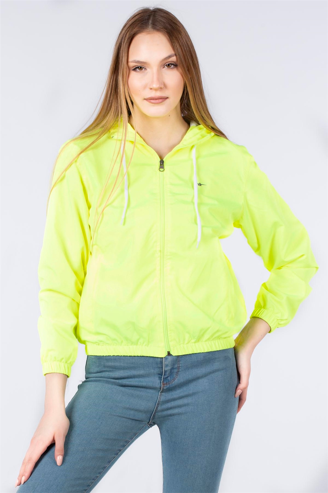 Kapüşonlu İnce Mont-Neon Sarı