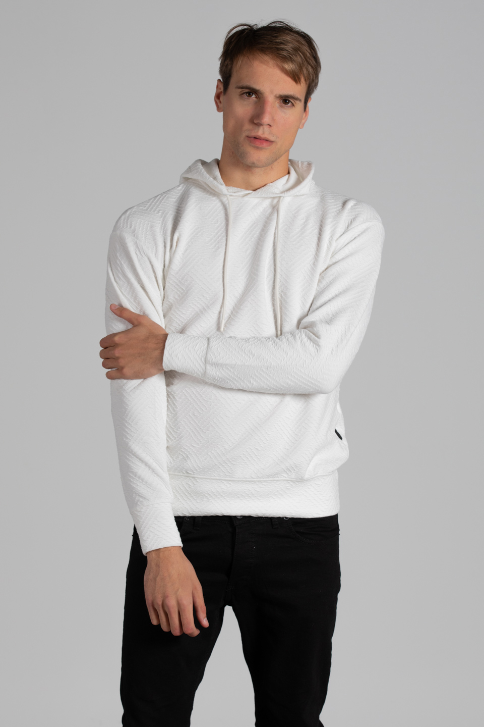 Kapüşonlu jakar örme sweatshirt-9001 Ekru