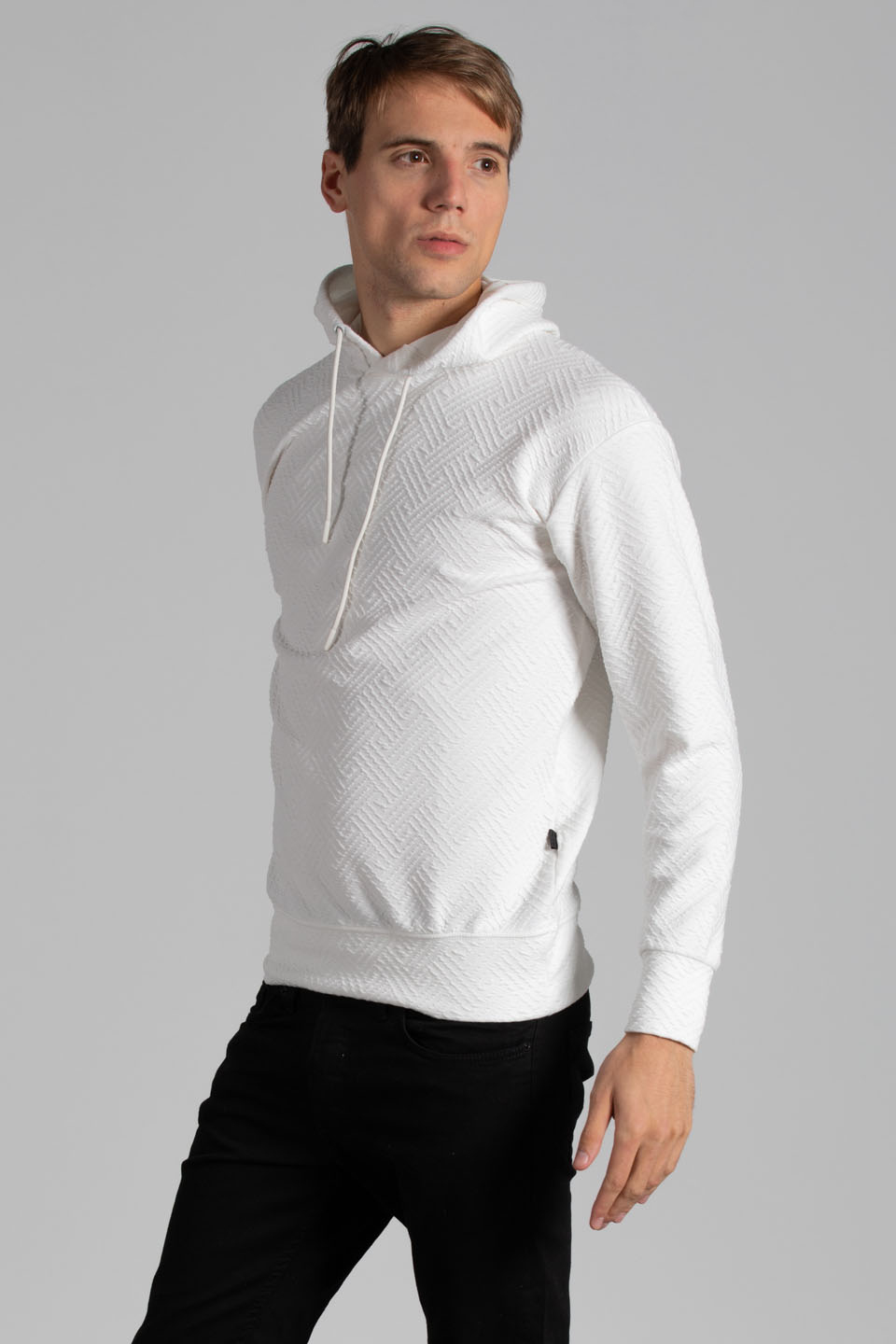 Kapüşonlu jakar örme sweatshirt-9001 Ekru