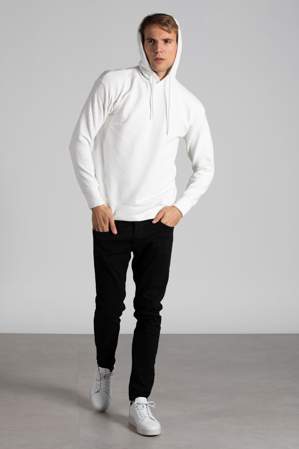 Kapüşonlu jakar örme sweatshirt-9001 Ekru