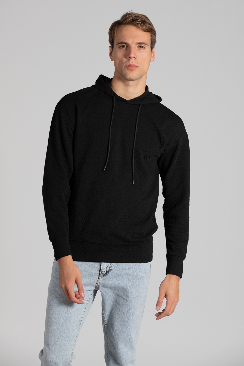 Kapüşonlu jakar örme sweatshirt-9001 Siyah