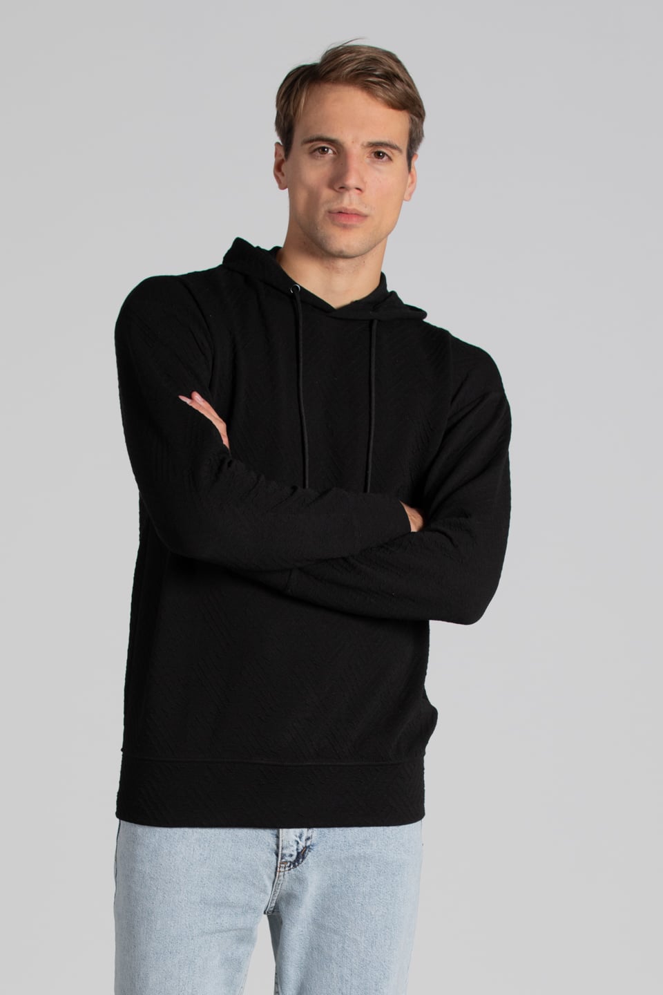 Kapüşonlu jakar örme sweatshirt-9001 Siyah