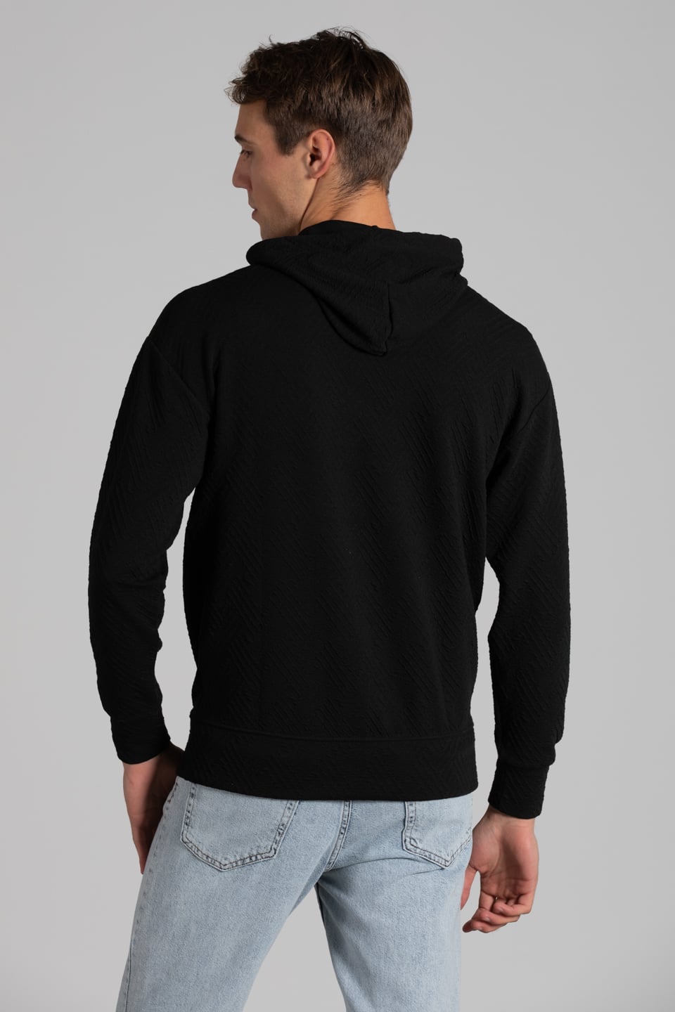 Kapüşonlu jakar örme sweatshirt-9001 Siyah
