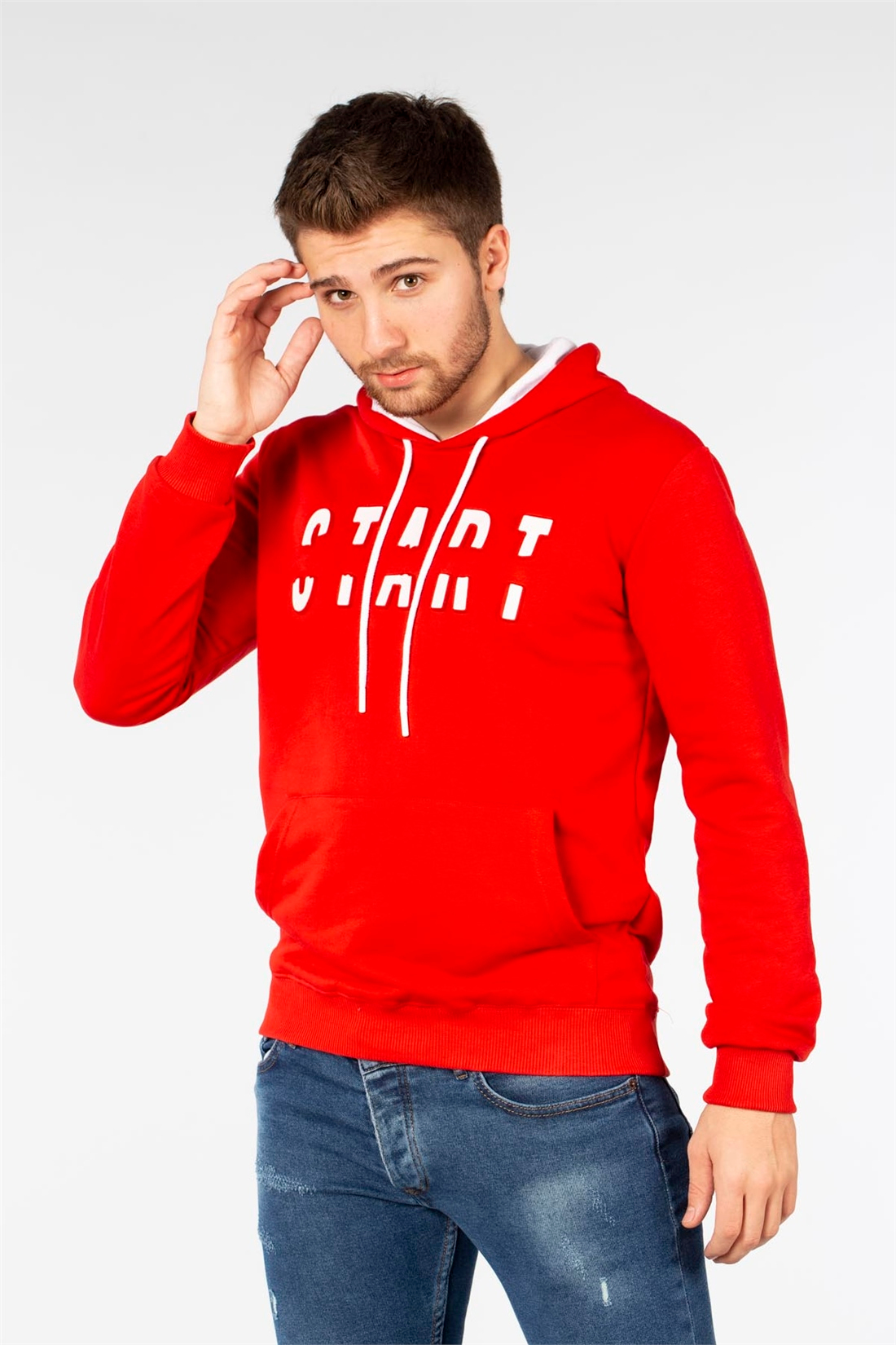 Kapüşonlu Kanguru Cep Sweatshirt-Kırmızı