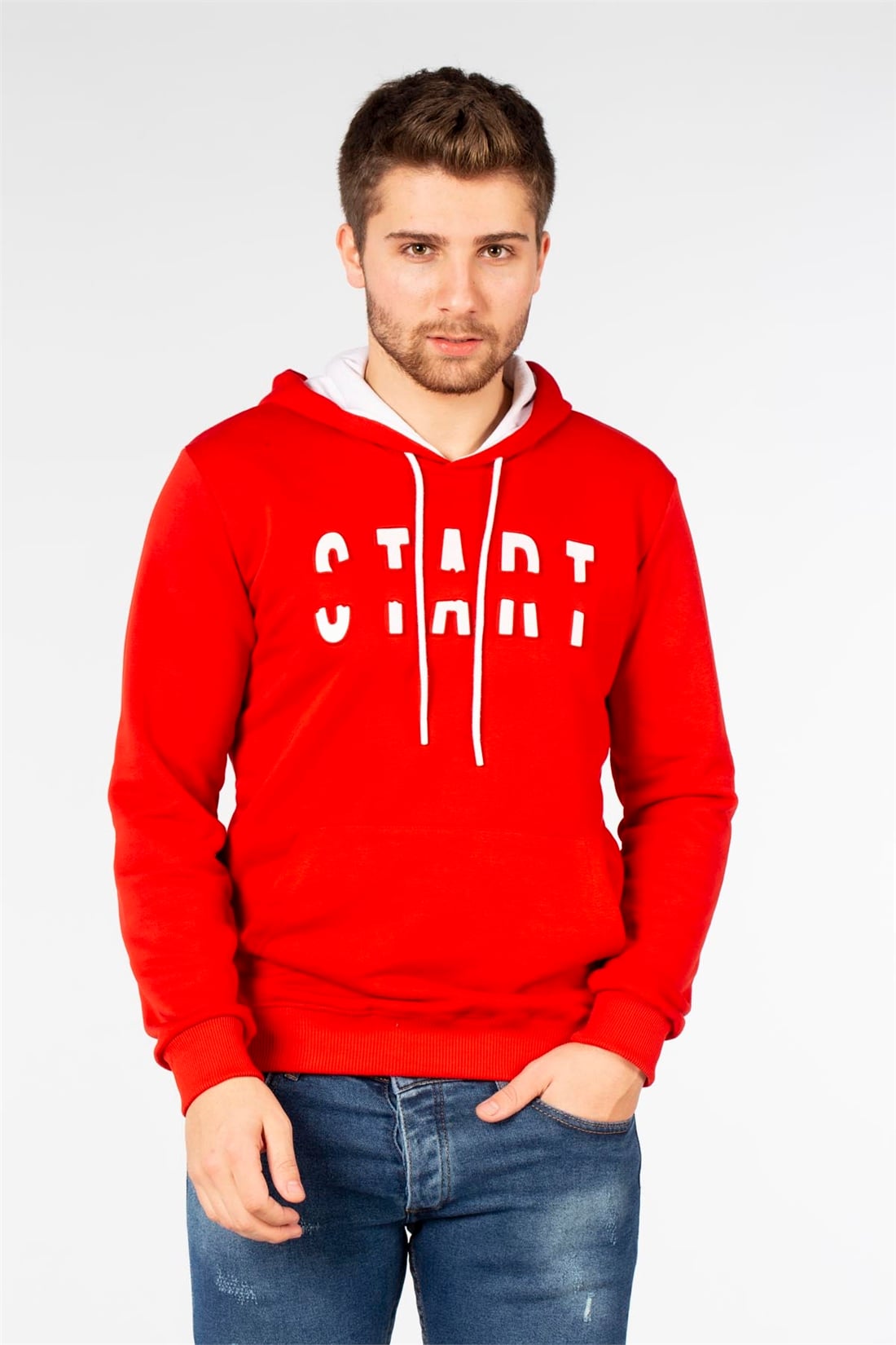 Kapüşonlu Kanguru Cep Sweatshirt-Kırmızı