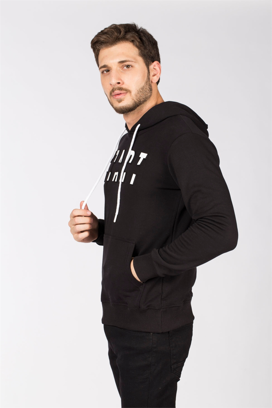 Kapüşonlu Kanguru Cep Sweatshirt-Siyah