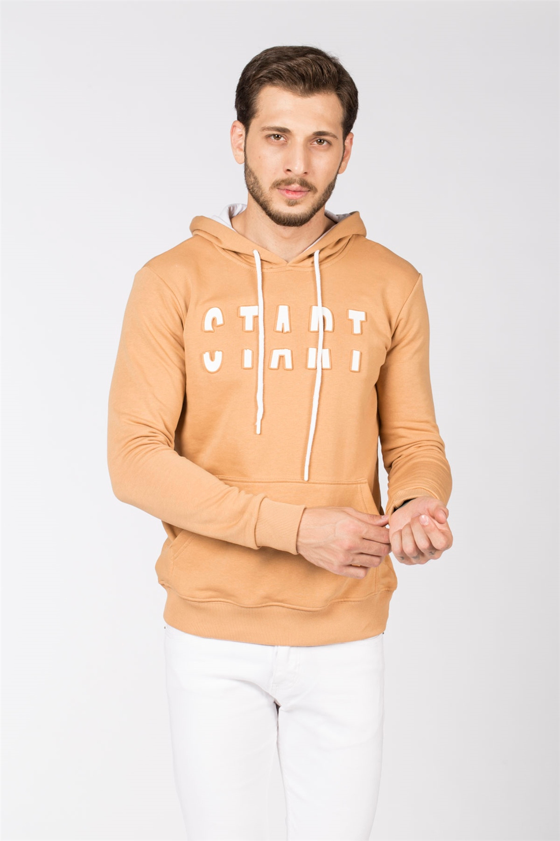 Kapüşonlu Kanguru Cep Sweatshirt-Sütlü Kahve