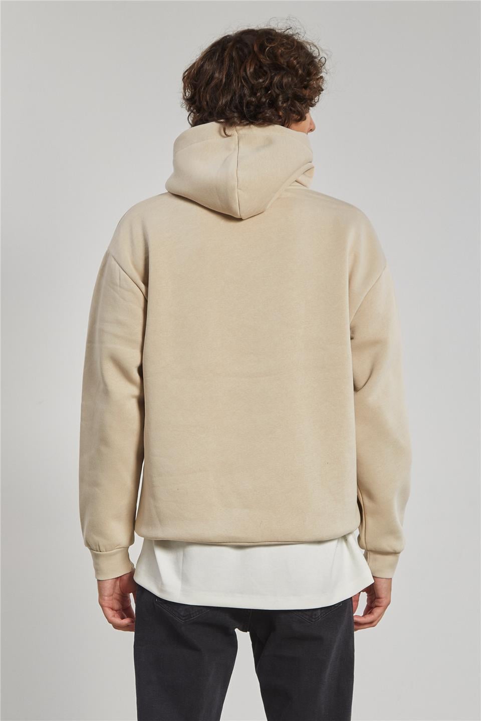 Kapüşonlu Kanguru Cepli Erkek Sweatshirt - Kum Gri