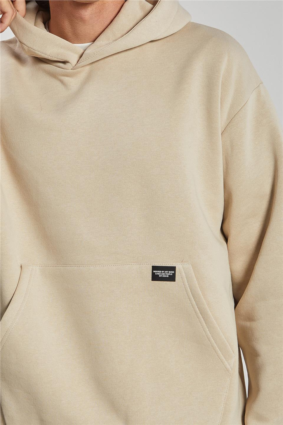 Kapüşonlu Kanguru Cepli Erkek Sweatshirt - Kum Gri