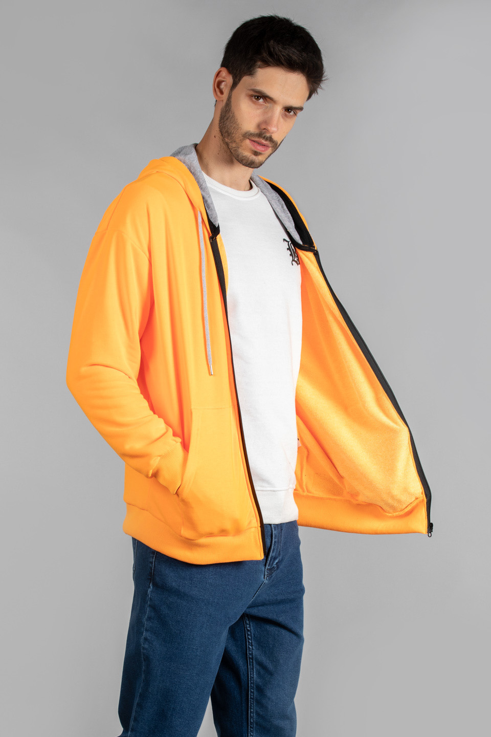 Kapüşonlu kanguru cepli fermuarlı sweat-1500M Neon Oranj