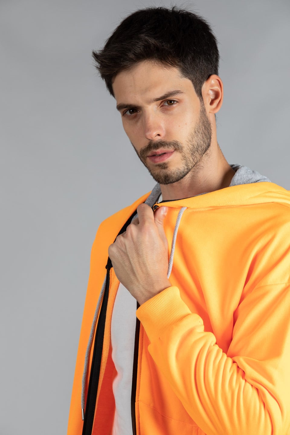 Kapüşonlu kanguru cepli fermuarlı sweat-1500M Neon Oranj