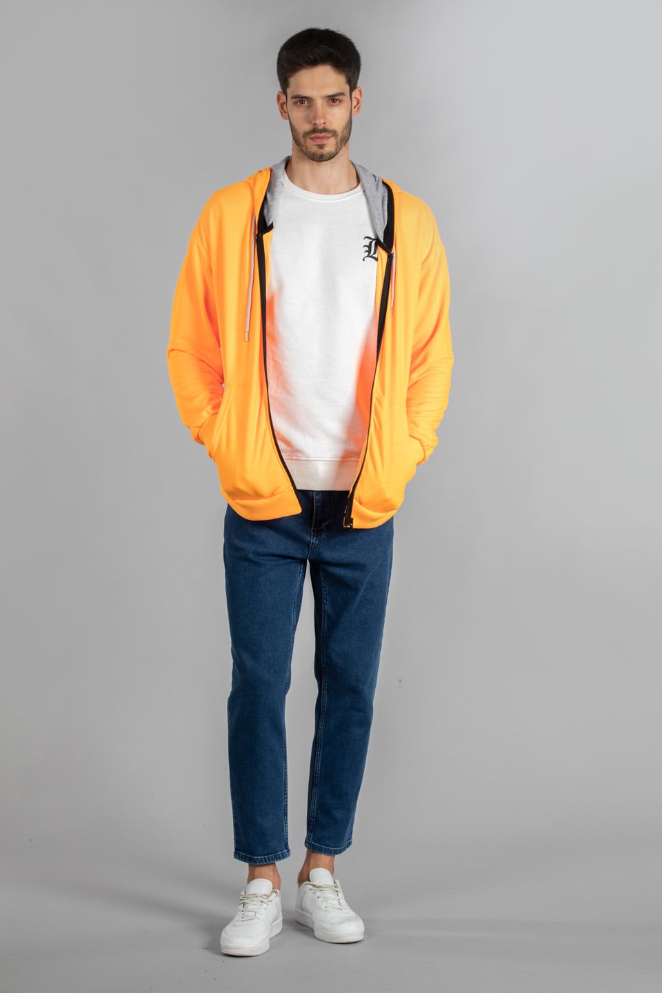 Kapüşonlu kanguru cepli fermuarlı sweat-1500M Neon Oranj
