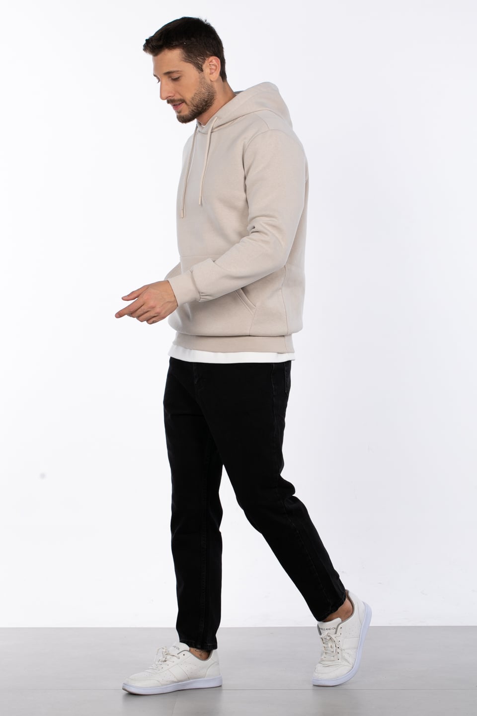 Kapüşonlu kanguru cepli sweatshirt-5281 Kum Gri