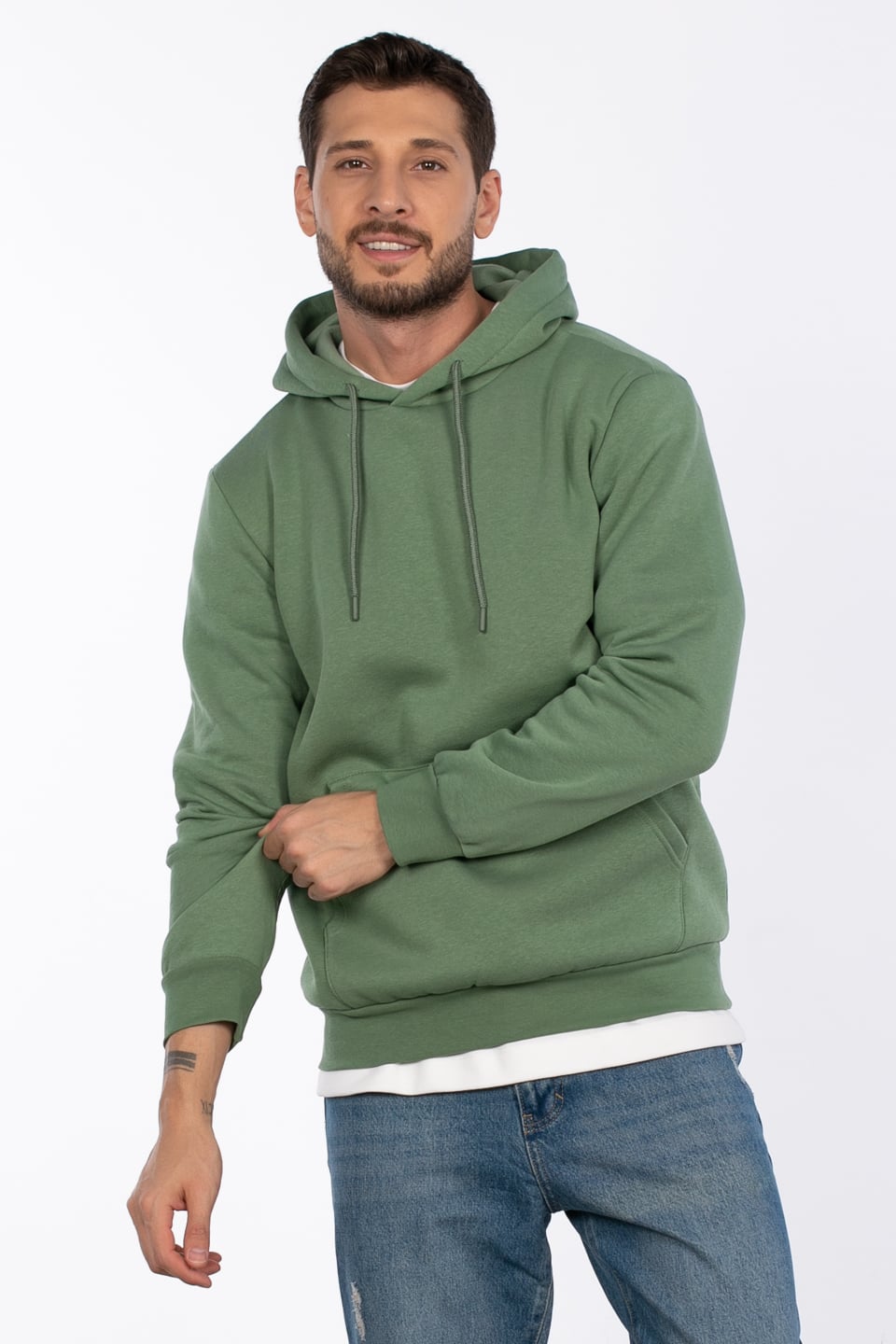 Kapüşonlu kanguru cepli sweatshirt-5281 Elma Yeşili
