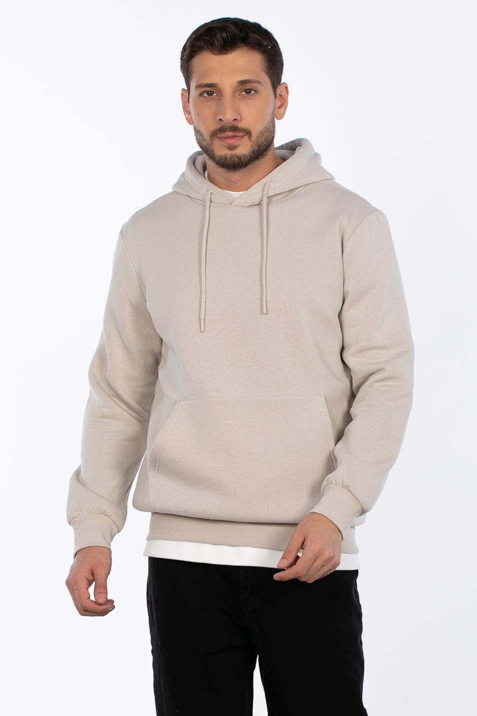 Kapüşonlu kanguru cepli sweatshirt-5281 Kum Gri