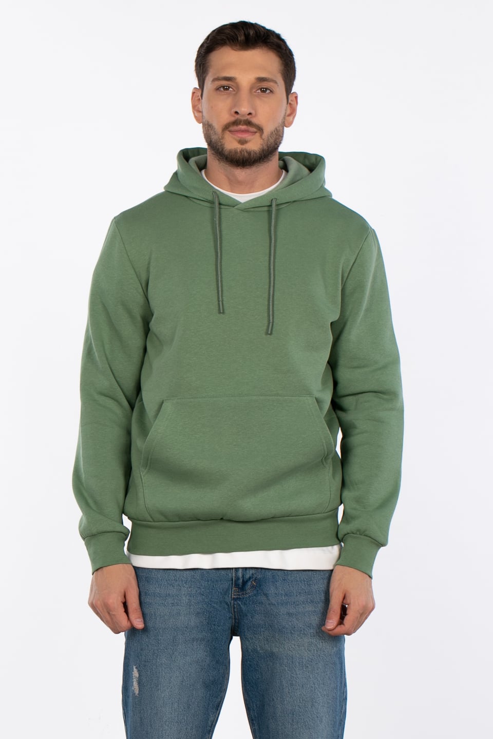 Kapüşonlu kanguru cepli sweatshirt-5281 Elma Yeşili