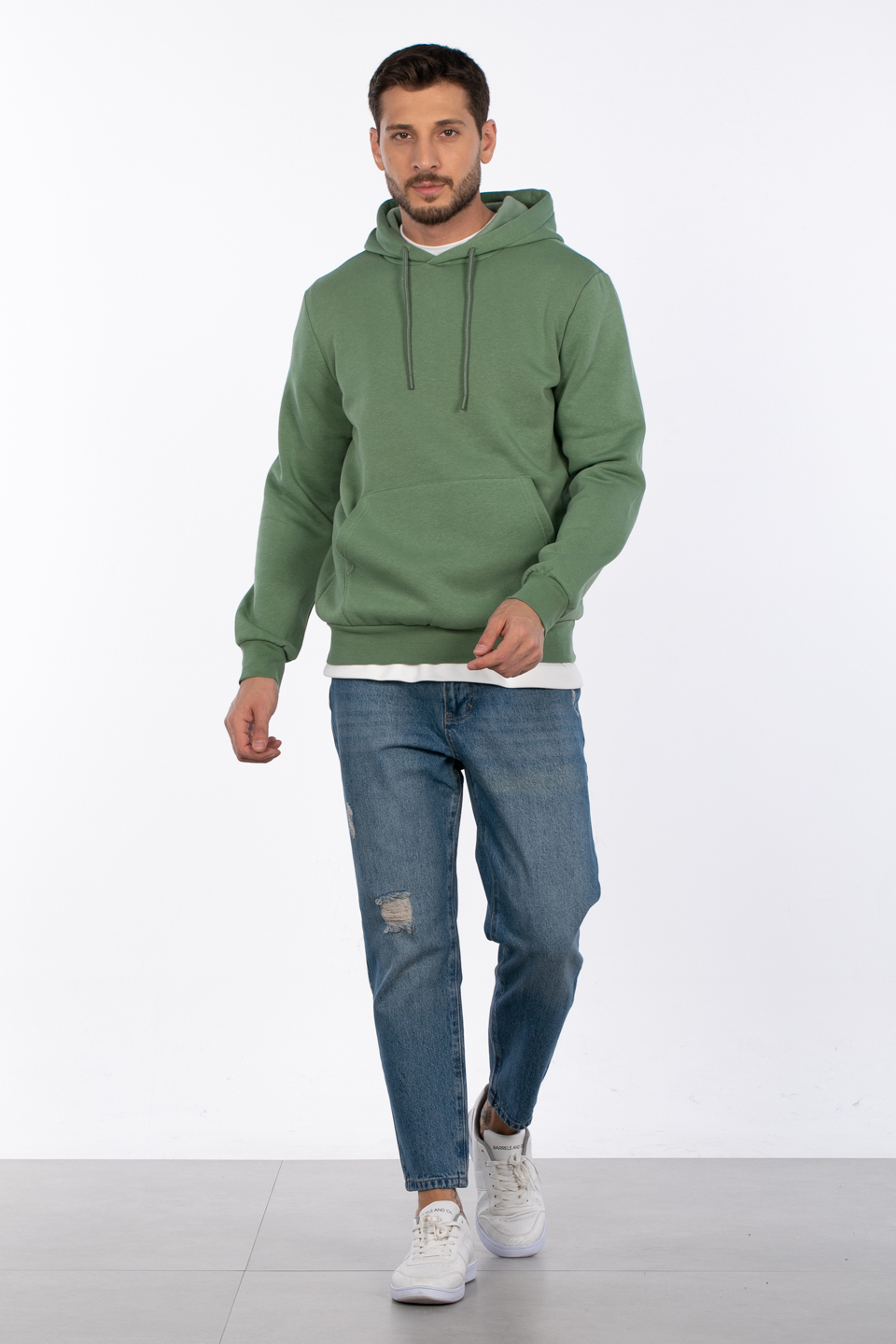 Kapüşonlu kanguru cepli sweatshirt-5281 Elma Yeşili