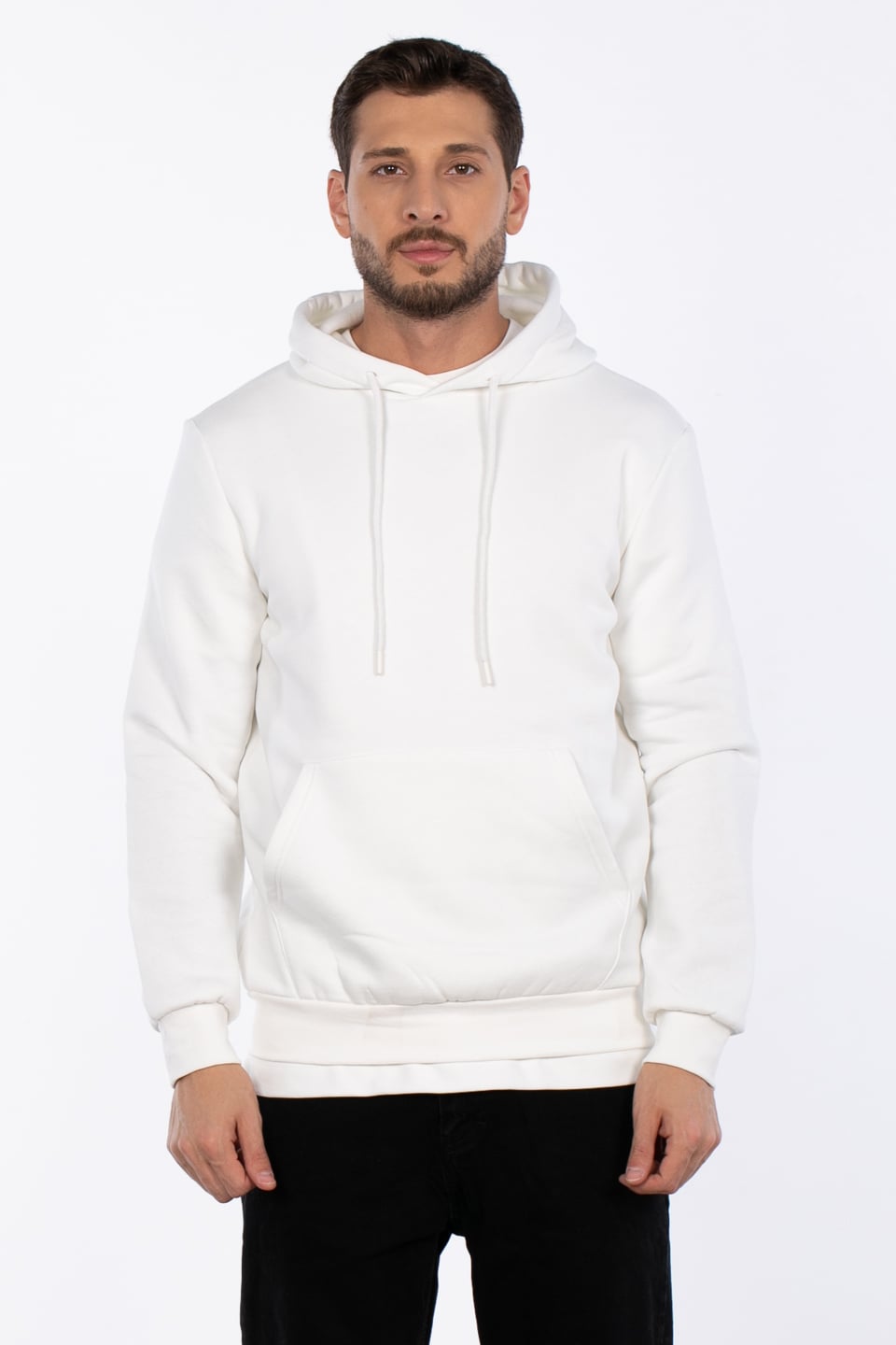 Kapüşonlu kanguru cepli sweatshirt-5281 Ekru