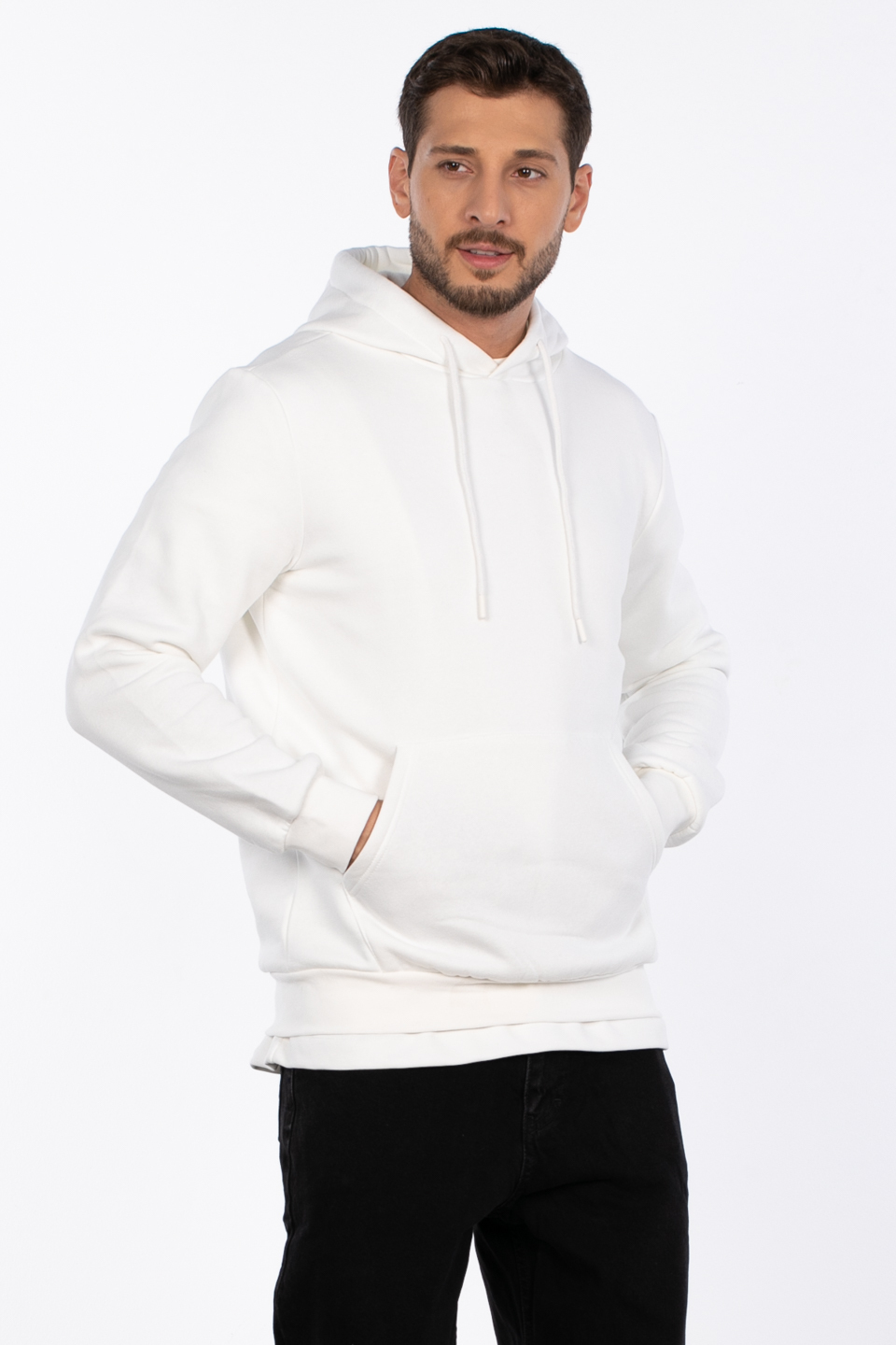 Kapüşonlu kanguru cepli sweatshirt-5281 Ekru