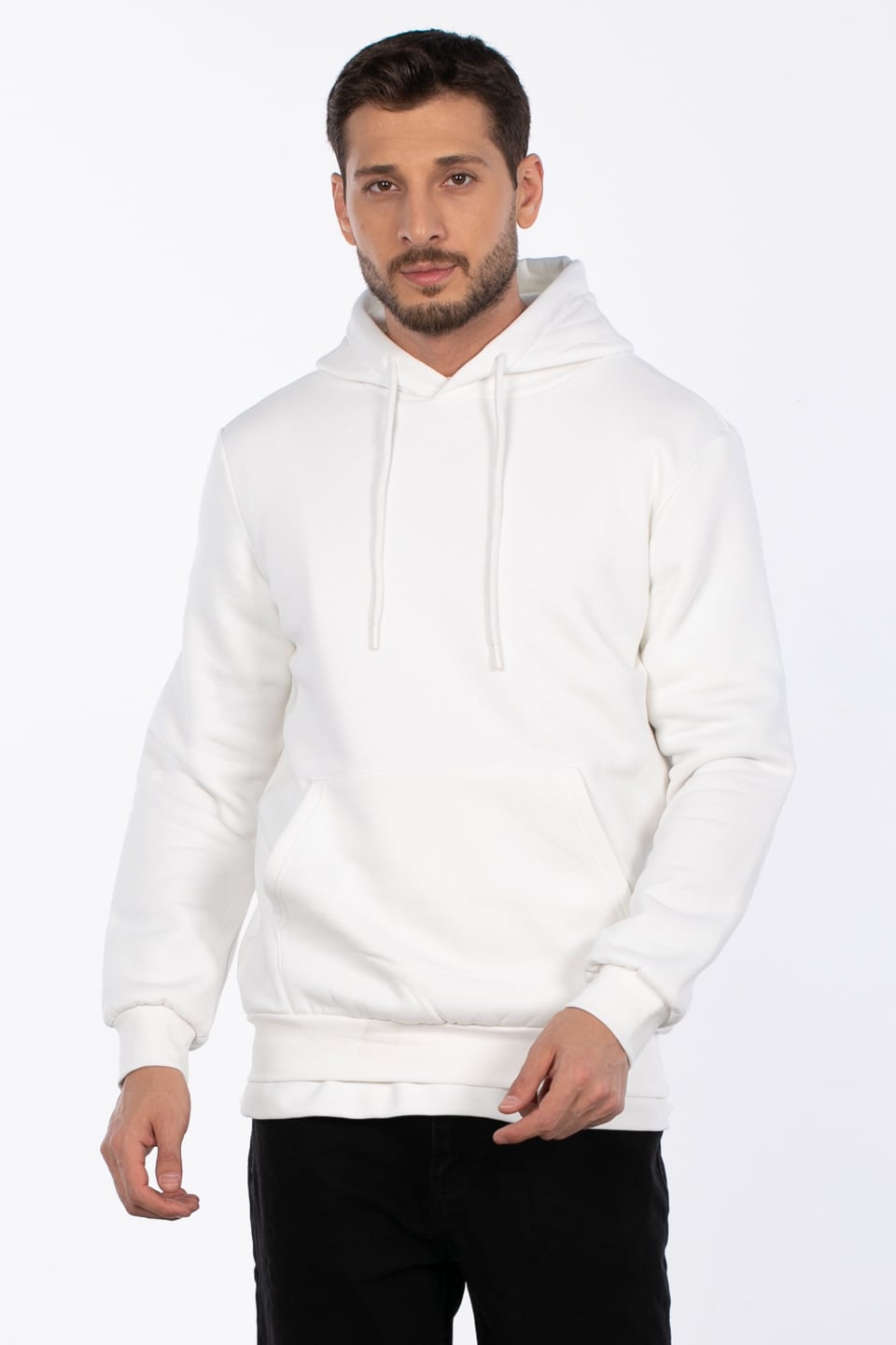 Kapüşonlu kanguru cepli sweatshirt-5281 Ekru