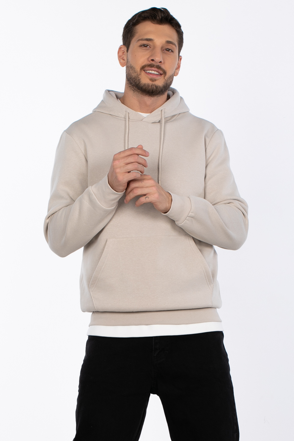 Kapüşonlu kanguru cepli sweatshirt-5281 Kum Gri