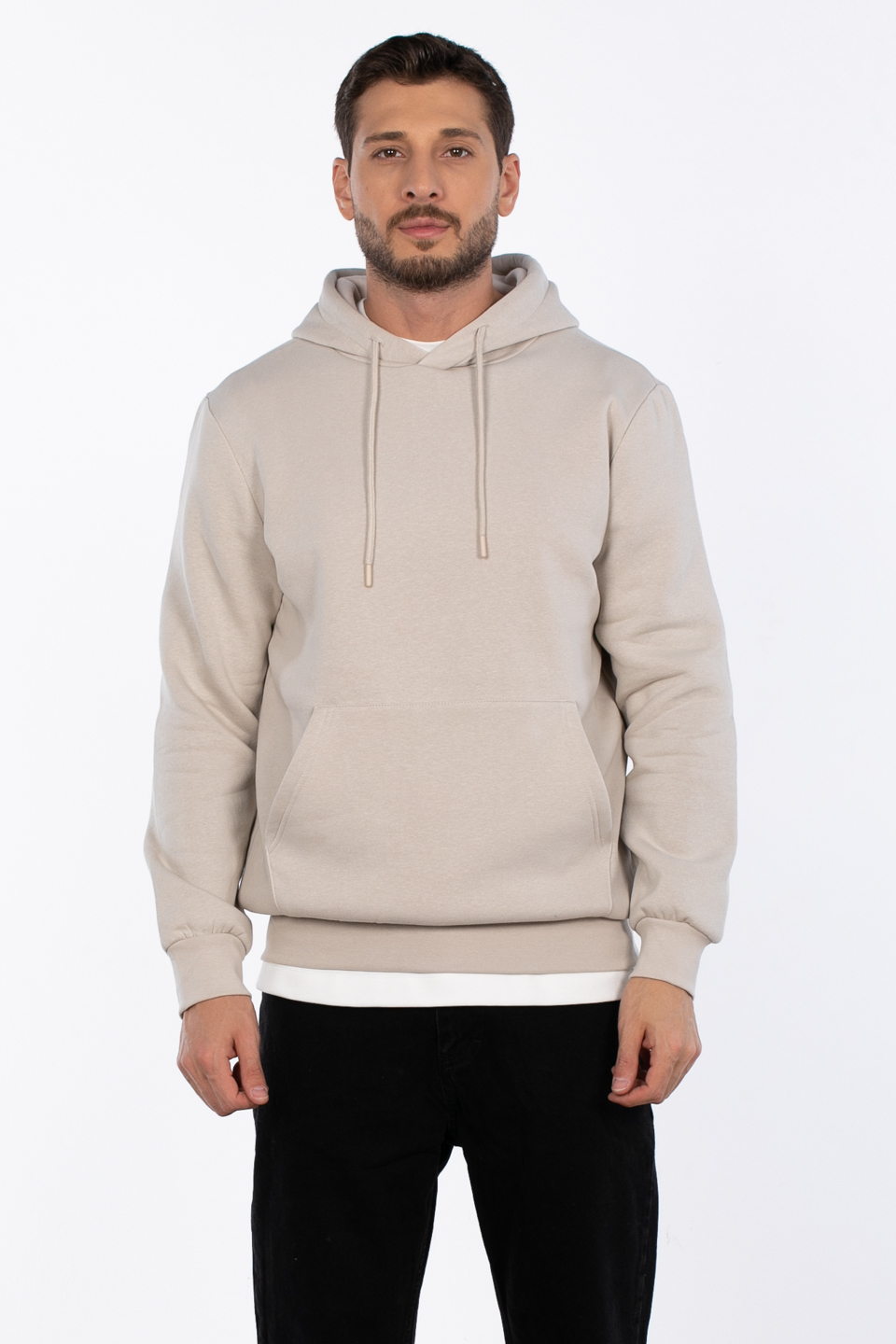 Kapüşonlu kanguru cepli sweatshirt-5281 Kum Gri