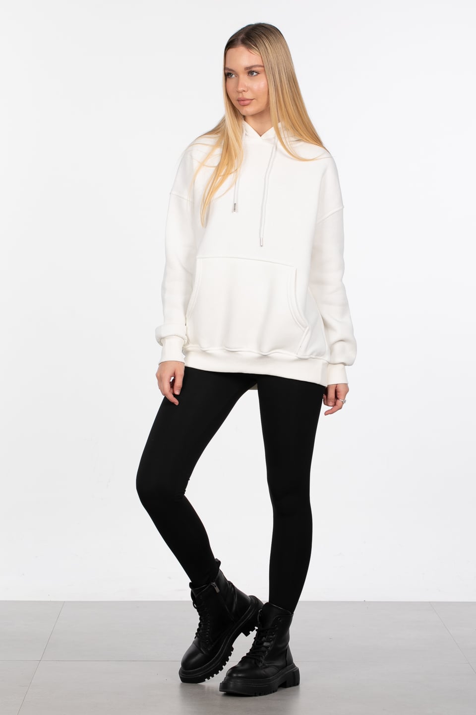 Kapüşonlu Kanguru Cepli Sweatshirt - Ekru