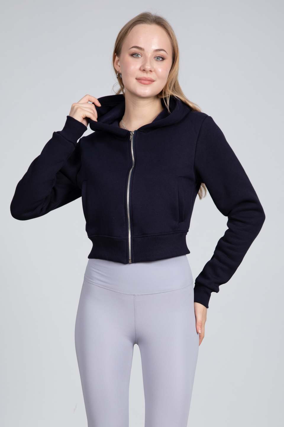 Kapüşonlu kısa fermuarlı sweatshirt-DVN0493 Lacivert